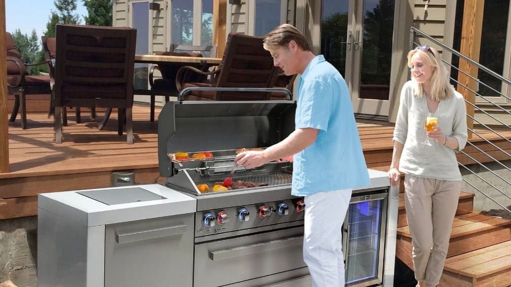 Mont Alpi Stainless Steel Deluxe Modular Outdoor Kitchen Island - BBQ Grill with Fridge Cabinet - Infrared Rear & Side Burner - Granite Countertops and Rotisserie Kit
