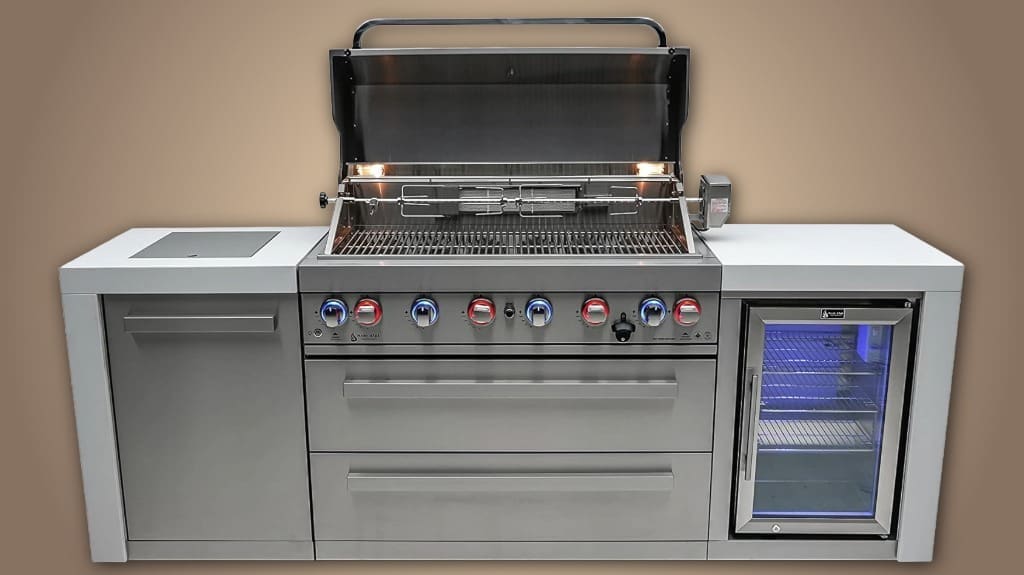 Mont Alpi Stainless Steel Deluxe Modular Outdoor Kitchen Island - BBQ Grill with Fridge Cabinet - Infrared Rear & Side Burner - Granite Countertops & Rotisserie Kit